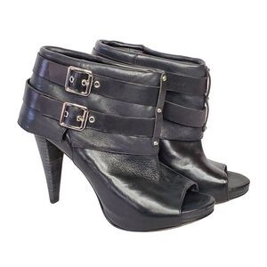 Vince Camuto Leather Heel Ankle Bootie 8 Black Open Toe Silvertone Buckles